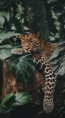 majestic jaguar resting amid lush green foliage in its natural tropical jungle habitat