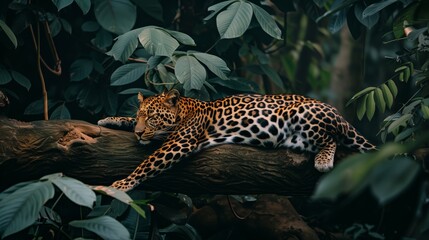 leopard lounging on a log surrounded by dense foliage in a tranquil tropical jungle setting