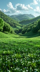 lush green meadows and vibrant hills under a clear sky in a serene mountain landscape