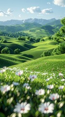 vibrant green hills dotted with wildflowers under clear skies in a serene mountainous landscape