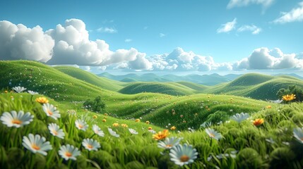 lush green hills dotted with wildflowers under a bright blue sky with fluffy clouds