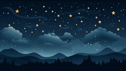 a beautiful night sky with a lot of stars and a few clouds. Make the sky dark blue and the stars yellow. Add some mountains in the foreground.