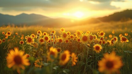 Obraz premium sunflowers against the backdrop of a sunset sky and blurry mountain