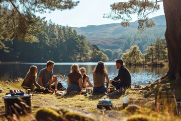 Friends laugh and chat while enjoying a picnic next to a serene lake, A group of friends laughing and enjoying a picnic by a tranquil lake