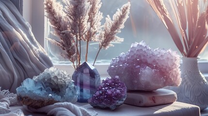 serene home decor with amethyst and quartz crystals by a sunlit window creating a tranquil vibe