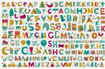 a pattern with an alphabet for children, inscriptions and children's figures on a white background