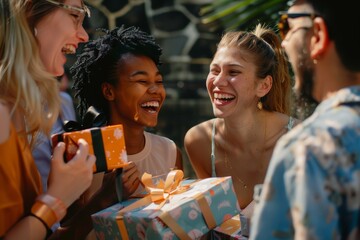 A group of friends are laughing joyfully while exchanging gifts in a social gathering, A group of friends laughing and exchanging gifts
