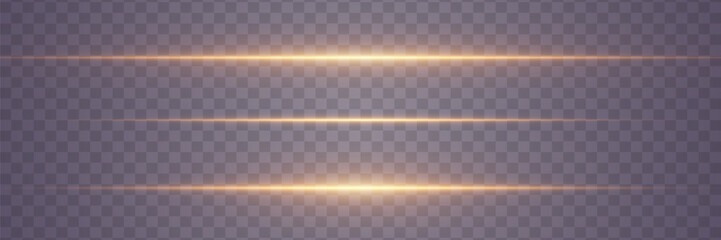 Golden horizontal highlights. Laser beams of light. Glowing lines effect. On a transparent background.