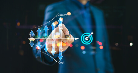 Cost efficient, quality control concept. Man with virtual quality control growth graph and cost...