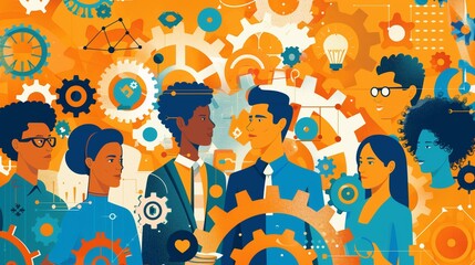 Obraz premium Diverse professionals collaborating in a modern office environment, illustrating synergy in action as they work together to drive business success and efficiency through transformational strategies.