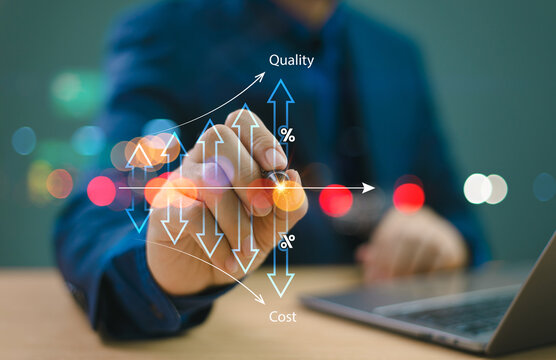 Cost efficient, quality control concept. Man with virtual quality control growth graph and cost reduction lower. Cost optimization for product marketing or service to improve business risk solution