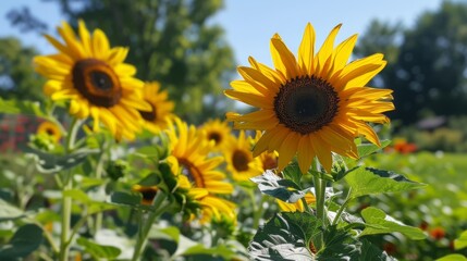Fototapeta premium A sunflower garden with diverse varieties in full bloom, showcasing the diversity and beauty of this beloved summer flower.