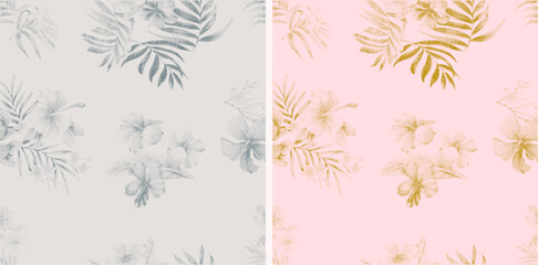 Tropical Palm leaves, seamless background pattern. Vintage Palm leaves tropical fabric design. Retro Monotone Tone in Tone Tropical palm trees and flowers silhouettes © sumonsharif