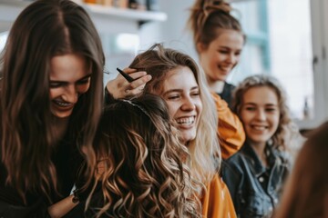 Fototapeta premium Women laughing and talking while standing in a group, A group of friends laughing and talking while getting their hair styled together