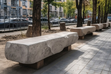 A row of benches lined up in a straight line on a sidewalk, creating a seating area for pedestrians