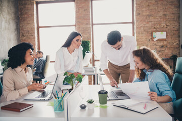 Photo of create ideas brainstorm teamwork young people working together employees modern open space style interior workplace workstation
