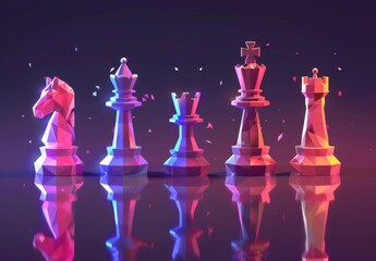 Integrating business strategy with low poly chess pieces (knight, king, queen, rook) infused with business elements