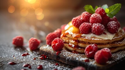 A stack of pancakes topped with raspberries and powdered sugar, AI - Powered by Adobe