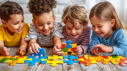 Happy Children Solving Colorful Puzzle Together, Enjoying Teamwork and Problem Solving