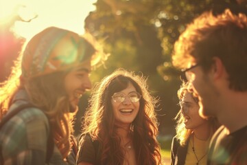 Obraz premium Young adults standing closely together, laughing and enjoying each others company in the sunlight, A group of friends laughing together in a sunlit park