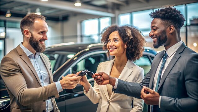 Happy Multiracial Couple Receiving New Car Keys from Saleswoman in Showroom - Auto Purchase
