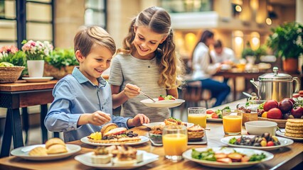 Happy Kids Enjoying Buffet Breakfast at Hotel with Parents - Family Vacation