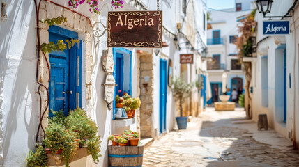 Charming Alley in Algeria With Blue Doors and Bright Flowers in a Sunny Mediterranean Setting