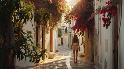 person walking in the old town street