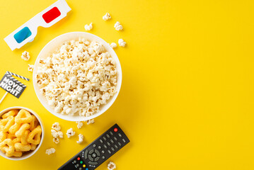 Cozy movie night setup with savory snacks, 3D glasses. Remote ready for streaming, movie-themed decor adding flair. Top-view shot on yellow backdrop, perfect for advertisements or inviting text