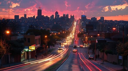 Obraz premium Stunning Sunset Over Johannesburg: Urban Landscape with City Lights and Long Exposure Traffic Trails