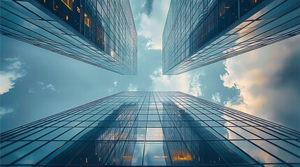 A glass fronted skyscraper, daytime, modern design. Generative AI.