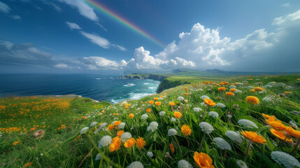 Scenic Coastal View in Ireland with Rainbow and Vibrant Wildflowers