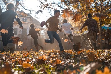 Friends enjoying a game of frisbee in a backyard filled with laughter and energy, A group of friends playing touch football in a leaf-covered backyard
