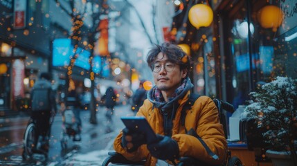Young Asian Man in Wheelchair Using Smartphone on Snowy City Street - Powered by Adobe