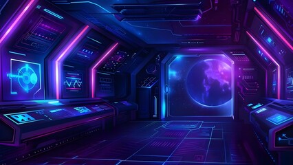 Fototapeta premium Interior of a Space Station: Featuring Control Rooms, Zero Gravity Zones, and Advanced Technology. Concept Space Station Design, Control Room Aesthetics, Futuristic Technology
