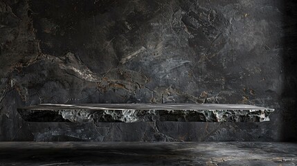 luxury with an empty grey marble table top against a dark black cement stone background