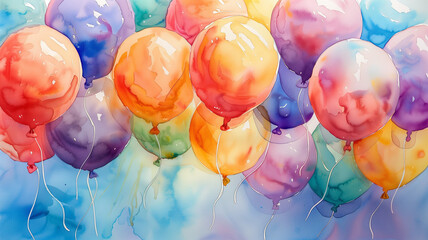 Watercolor cute balloons. Watercolor wallpaper for posters, postcards. Children's party.