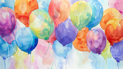 Watercolor cute balloons. Watercolor wallpaper for posters, postcards. Children's party.