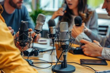 Group of People Sitting Around Table With Microphones, A group of friends sitting around a table, microphones in hand, discussing their favorite podcasts