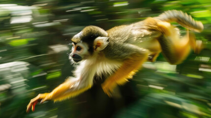 Obraz premium A monkey soars through the air, showcasing agility and strength