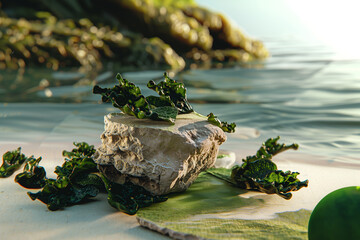 A rock covered with green algae sits on a white cloth on the beach with the ocean in the background. - Powered by Adobe
