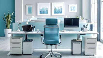 Front view of office desk with computer laptop and office tools. Concept Office Desk Setup, Computer Laptop, Office Tools, Front View