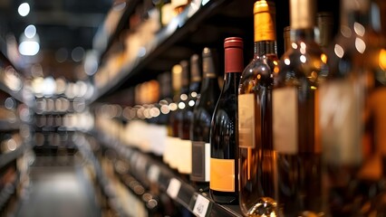 Blurry wine bottles on shelves in supermarket store background with copy space. Concept Supermarket, Wine Bottles, Blurry Background, Copy Space