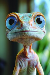 A cheerful small lizard with bright blue eyes, a friendly smile, and vibrant green scales. This cute reptile is isolated on a solid color background, perfect for nature or animal-themed designs