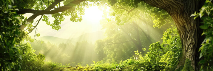 A dense, green forest filled with numerous trees stretching as far as the eye can see