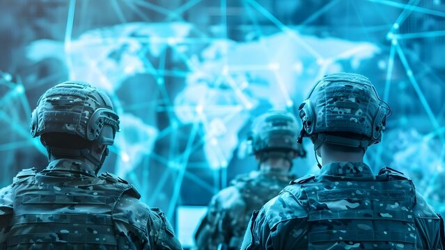 Soldiers view on technology and tactics in a war room setting. Concept Military Technology, Tactical Strategies, War Room Discussions, Soldier's Perspective