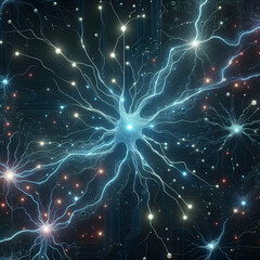 Closeup blue yellow light room web multiverse nebula background crazy interconnected nerve cells,Jordi Photo,Realistic lightning isolated on black background natural light effect bright glowing neura
