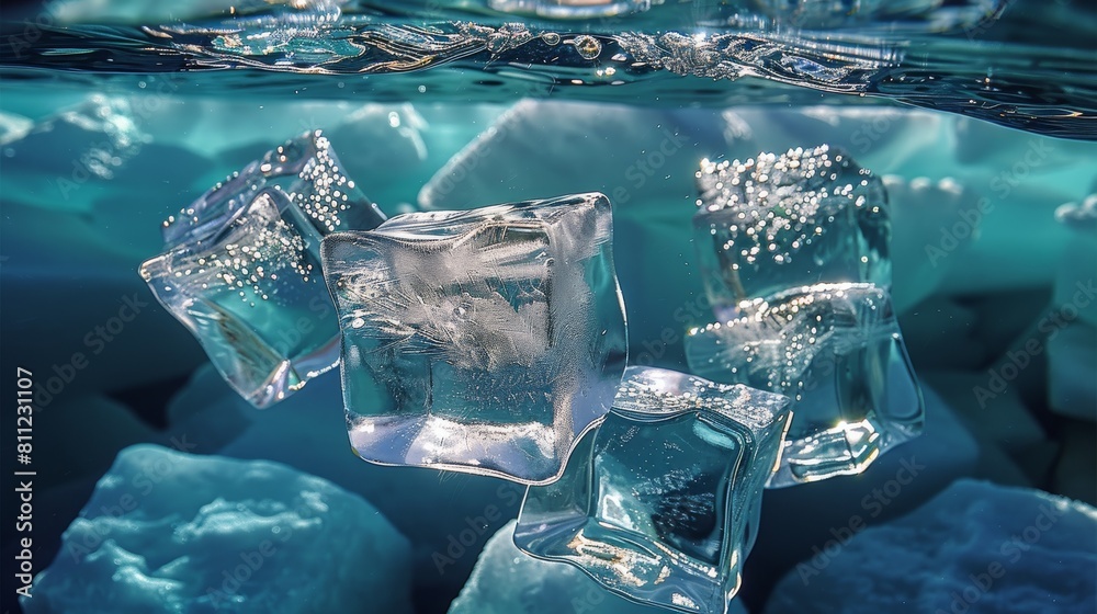 Poster ice cubes, underwater. generative ai.