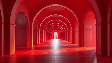 A long hallway with red walls and a light shining through, AI