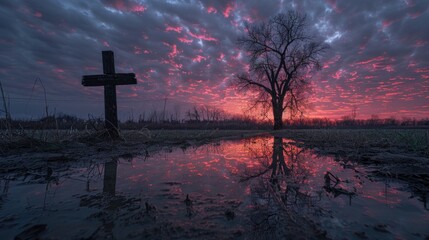 A cross in the middle of a flooded field stands as a poignant symbol amidst the rising waters.